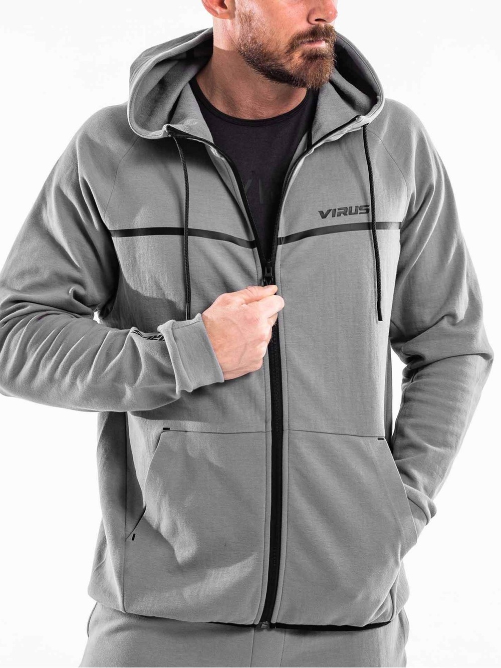 Virus Men's Hooded Zip Windbreaker in Light Gray with Black Trim